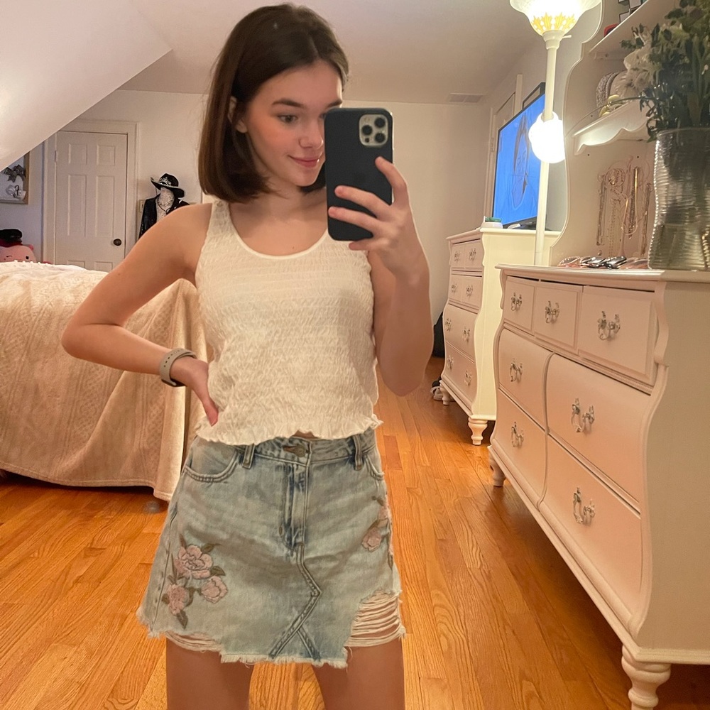 American Eagle, Floral Embroidered Jean Skirt